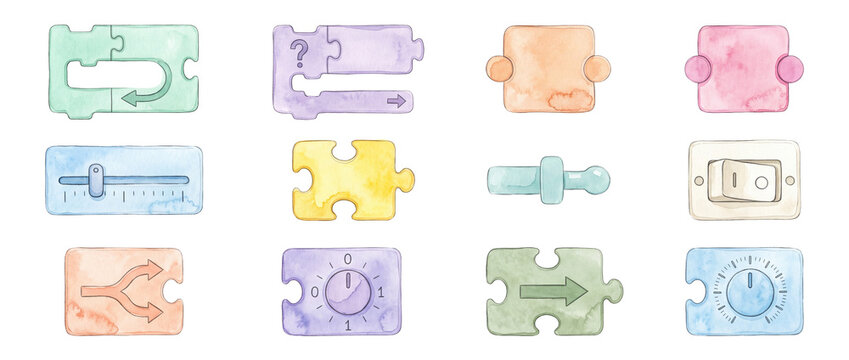 Coding blocks puzzle UI elements watercolor set for programming education, algorithm logic flow, interface design, web development icons isolated on black background for creative tech graphics.