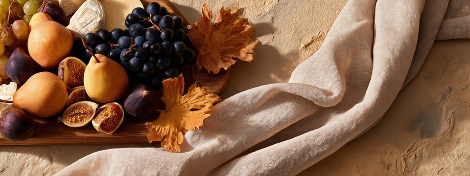 Warm autumn fruits rest on rustic wood