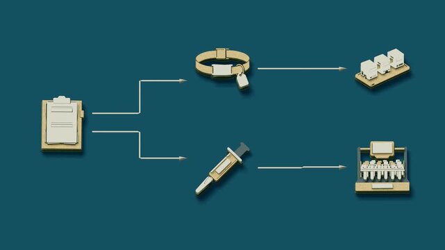 After screening and enrolment, the trial pathway divides into two branches, each advancing through dosing and phase monitoring to its own review. Flat 3D style with smooth matte surfaces.