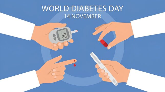 Hands performing blood sugar test for World Diabetes Day awareness.