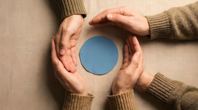 Hands surrounding a blue circle on a textured surface.
