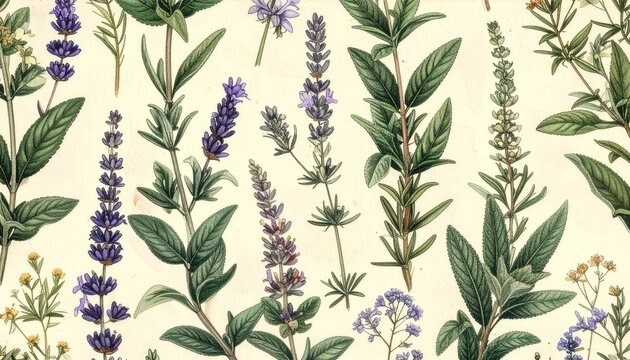 Seamless botanical herb pattern with rosemary