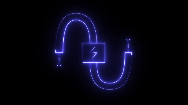 A glowing blue neon-style symbol of an electric power cord with a lightning bolt icon in a center box against a black background.