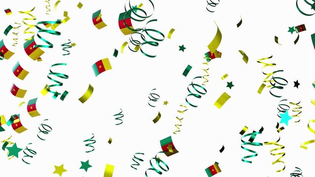Confetti falls from above, featuring the flags of Cameroon. The atmosphere is lively and festive as the colorful pieces float in the air, marking a special occasion