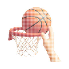 Basketball pixel art illustration, hand dunking ball into hoop, retro 8-bit sports game graphic on white background © Durre