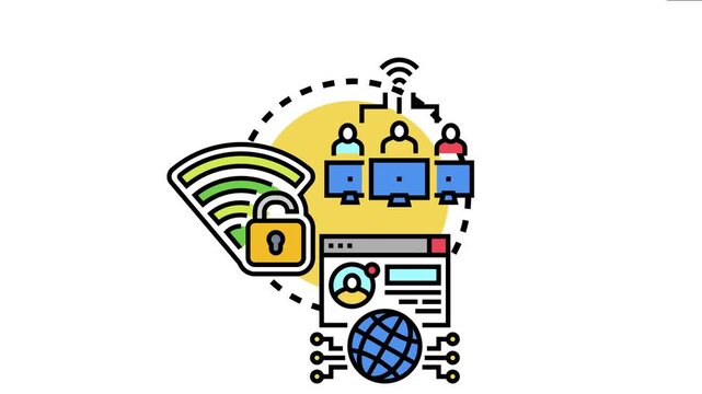 Local area network concept multiple users and devices connecting wirelessly, emphasizing secure data transmission and digital communication for shared resources and internet access