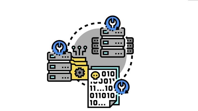 Local area recovery concept network servers, folder, and corrupted data file with a skull, depicting data protection and disaster recovery processes