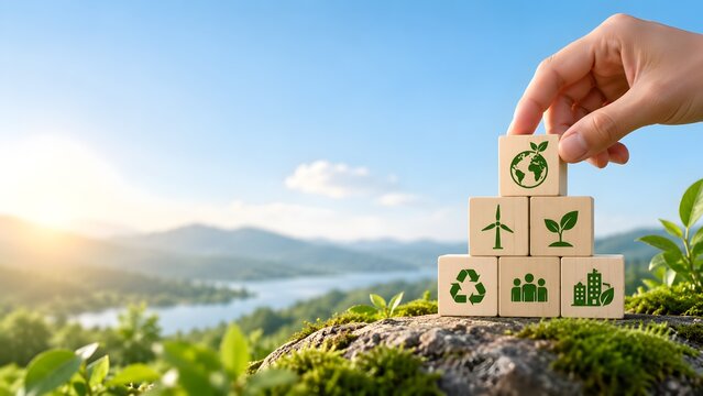 ESG sustainability concept hand stacking wooden cubes with ecological icons representing green energy corporate social responsibility and conservation