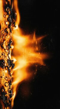 Burning photographic film strip with bright orange flames and embers