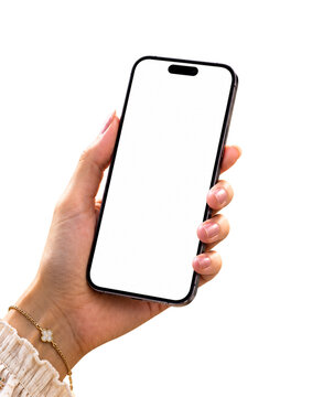 Smart female hand holding a smartphone blank screen mockup on  transparent background.	
