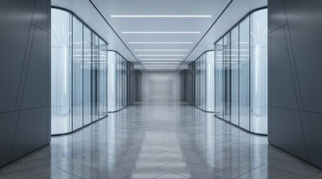 Modern Office Corridor with Glass Walls and Reflective Floor.