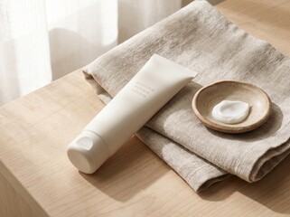 Fototapeta premium Luxury Barrier Repair Cream Tube with Moisturizer Texture on Linen Fabric Background