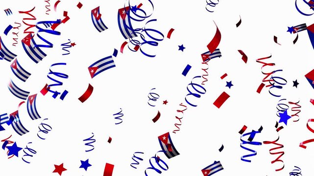 Colorful confetti and flags fall from above as people celebrate in Cuba. The atmosphere is filled with joy and excitement during this festive moment