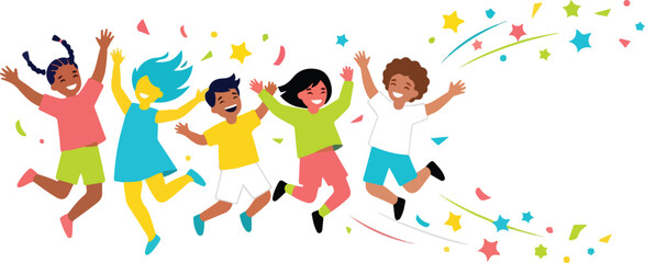 Fototapeta premium Diverse happy kids jumping together with colorful confetti and stars celebration vector illustration