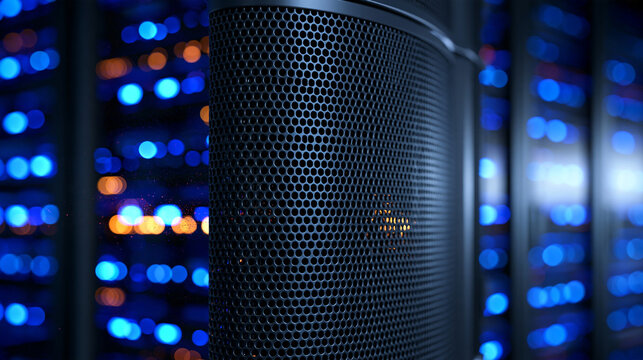 Close up view of a metal ventilation grille on a modern server rack cabinet, fine perforated steel texture, efficient airflow for cooling high performance computing equipment, clean professional dat