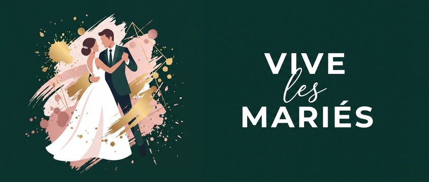 Wedding couple dancing banner vector illustration with gold abstract watercolor background and Vive Les Maries text template for elegant French marriage invitation greeting card design background