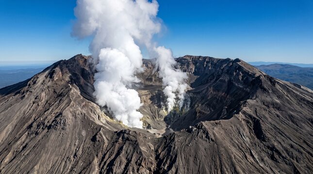 White volcanic steam billowing from deep mountain crater depicting geothermal activity under bright blue sky