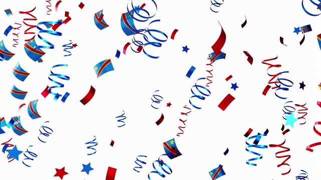 Confetti falls in the air, showcasing the colors and patterns of flags from the Democratic Republic of Congo. This moment captures the spirit of celebration and unity