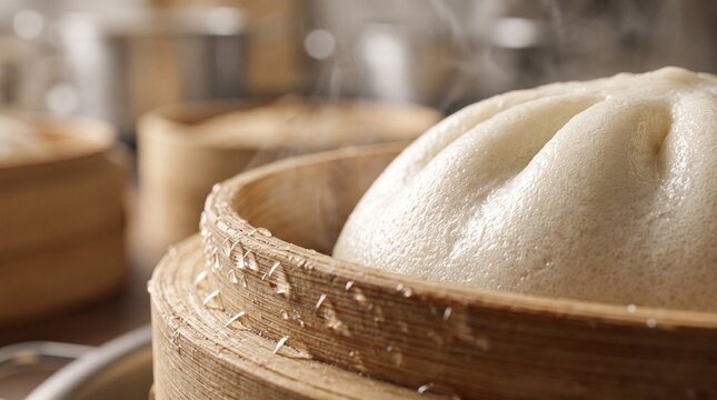 Close up of steamed bao bun inside traditional bamboo steamer basket with steam and water droplets