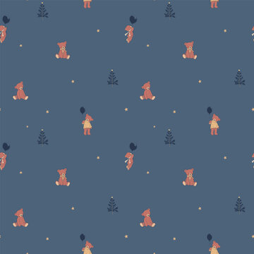 Vintage Teddy Bear Seamless Vector Pattern on Blue Background, Cute Christmas Nursery Design with Balloons, Fir Trees and Stars