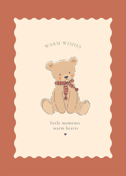 Vintage Cute Teddy Bear Christmas Poster, Classic Nursery Illustration with Plush Toy, Warm Wishes and Cottagecore Holiday Design