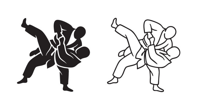 judo throw black silhouette with line art vector pair icon