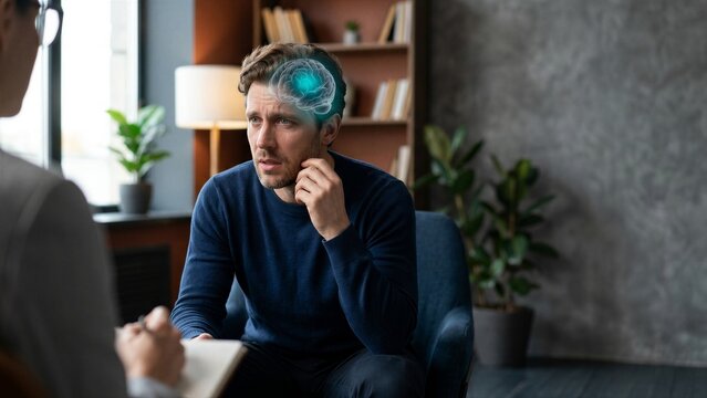 Man patient consulting with woman psychologist about mental health. Human brain visualization representing depression or anxiety