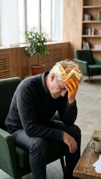 Senior man suffering from headache sitting in chair. Elderly person experiencing migraine pain with glowing visual effect