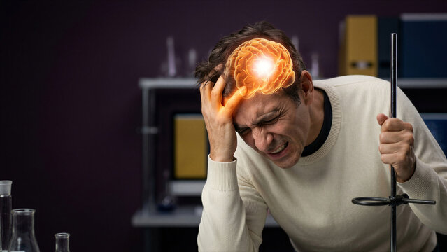 Man suffering from intense migraine headache with glowing brain visualization. Concept of neurological pain, stress, or cluster headache