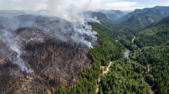 Aerial view of devastating wildfire burning green forest landscape highlighting environmental disaster and smoke