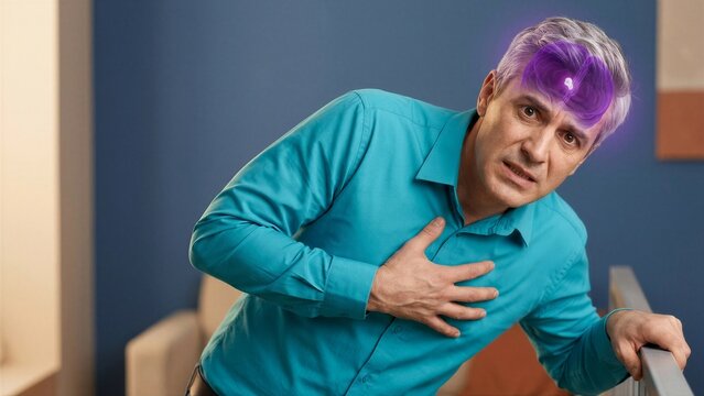 Mature man touching his chest and forehead while suffering from sudden pain. Conceptual medical illustration of a heart attack or brain condition