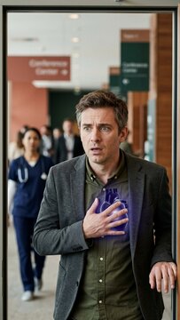 Man clutching chest with visualized heart pain in hospital corridor. Caucasian patient seeking emergency medical assistance from healthcare professional