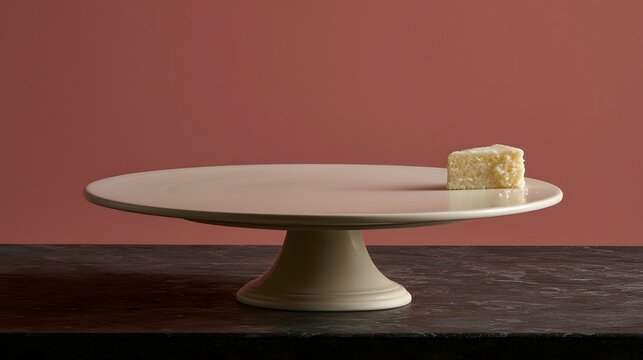 Single small cake piece on empty pedestal cake stand.