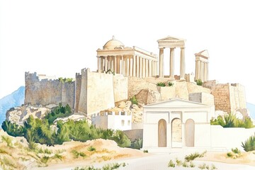 Obraz premium Acropolis of Lindos Rhodes island Greece architecture watercolor landmark.