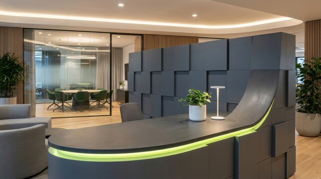 Modern Office Reception Area with Contemporary Desk and Meeting Room.