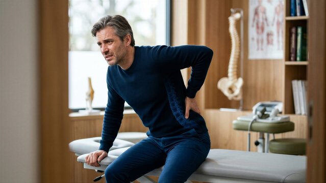 Middle aged man suffering from severe lower back pain in medical clinic. Caucasian male holding his lumbar spine with painful expression