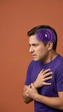 Man experiencing a migraine with a glowing brain visualization. Concept of neurological pain and intense headache