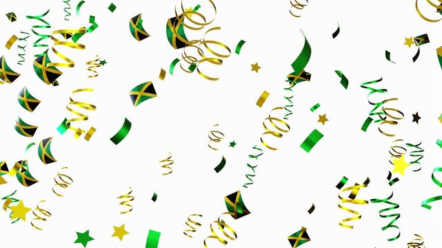 Confetti with Jamaican flags and ribbons falls against a white background. This event shows celebration and joy, perfect for gathering and activities