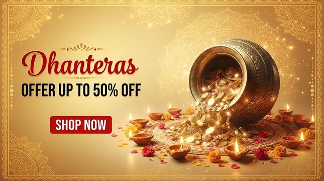 Dhanteras Offer: A golden pot overflowing with coins, surrounded by lit diyas and marigold flowers, signifies prosperity and good fortune, advertising a Dhanteras sale with up to 50