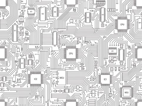 Close-up of Electronic Circuit Board with Microchips and Wiring