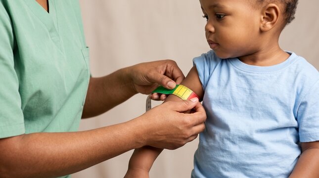Nurse measuring African toddler arm circumference using color coded MUAC tape representing child health screening