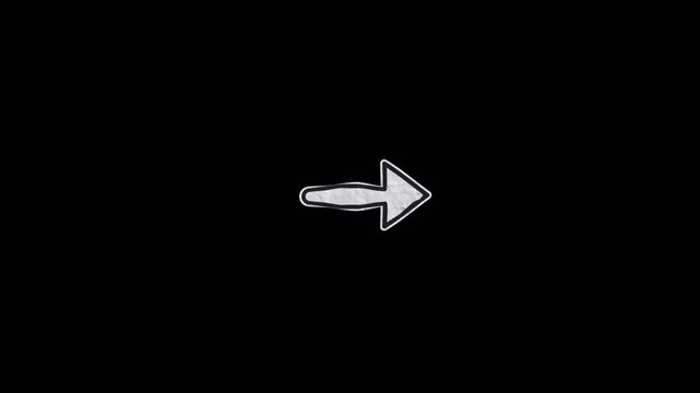 Minimalist hand drawn right pointing arrow icon animation on black background.