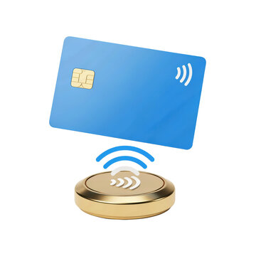 Blue credit card hovering above a round gold contactless payment terminal isolated on a transparent background