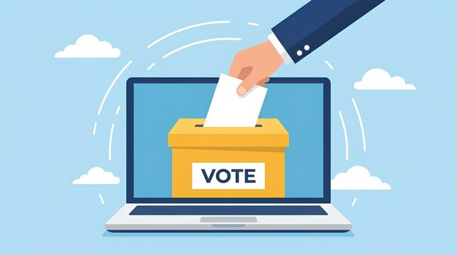 Illustration of digital online voting via laptop computer.