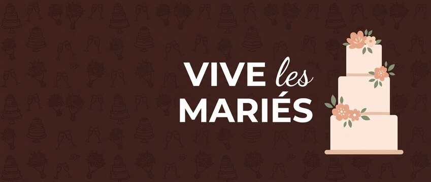 French wedding cake banner illustration with Vive les Maries text for marriage celebration background, elegant floral tier cake graphic, romantic wedding invitation header design banner backdrop.
