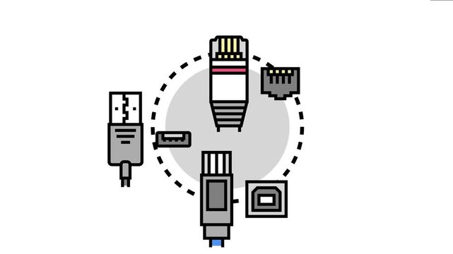 Different types of local area network port connectors illustrated, representing various data transmission and computer hardware connections for internet and technological communication purposes