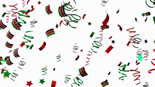 Confetti falls throughout the area, featuring flags of Kenya. The celebration captures the spirit of joy and unity. A bright and colorful display fills the space