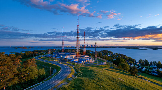 Aerial drone view over a major telecommunications facility with antenna towers, technical buildings, fiber infrastructure and surrounding roads, modern digital infrastructure concept, realistic dayl