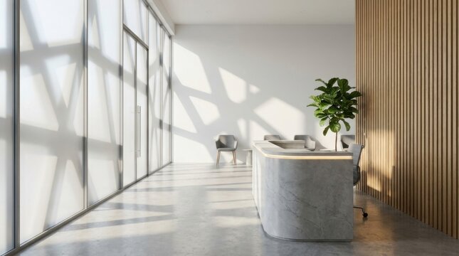 Modern Office Reception Area with Natural Light and Wood Accents.