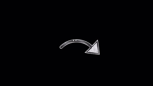 White hand drawn arrow pointing down on black background.